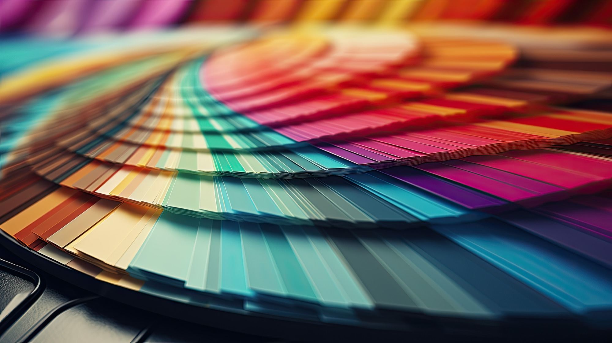 A fan of printed colour swatches opened out, seen close up.