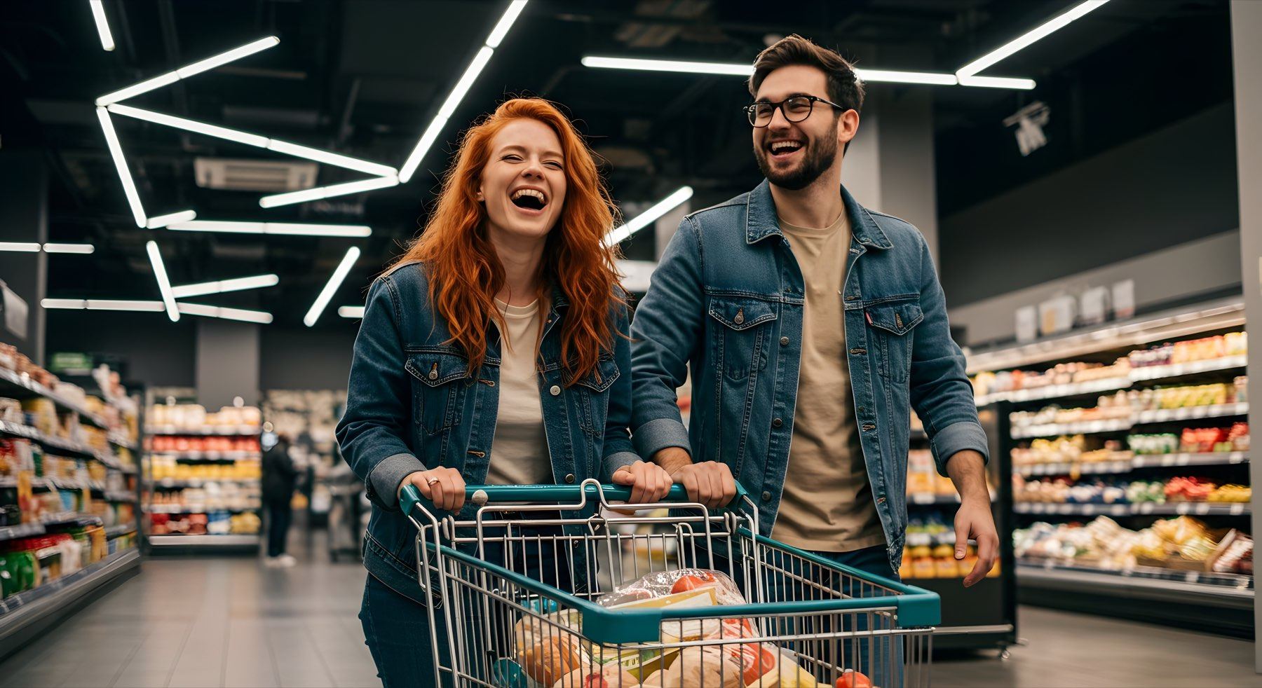 Two shoppers laughing as they push a full trolley down a supermarket aisle.