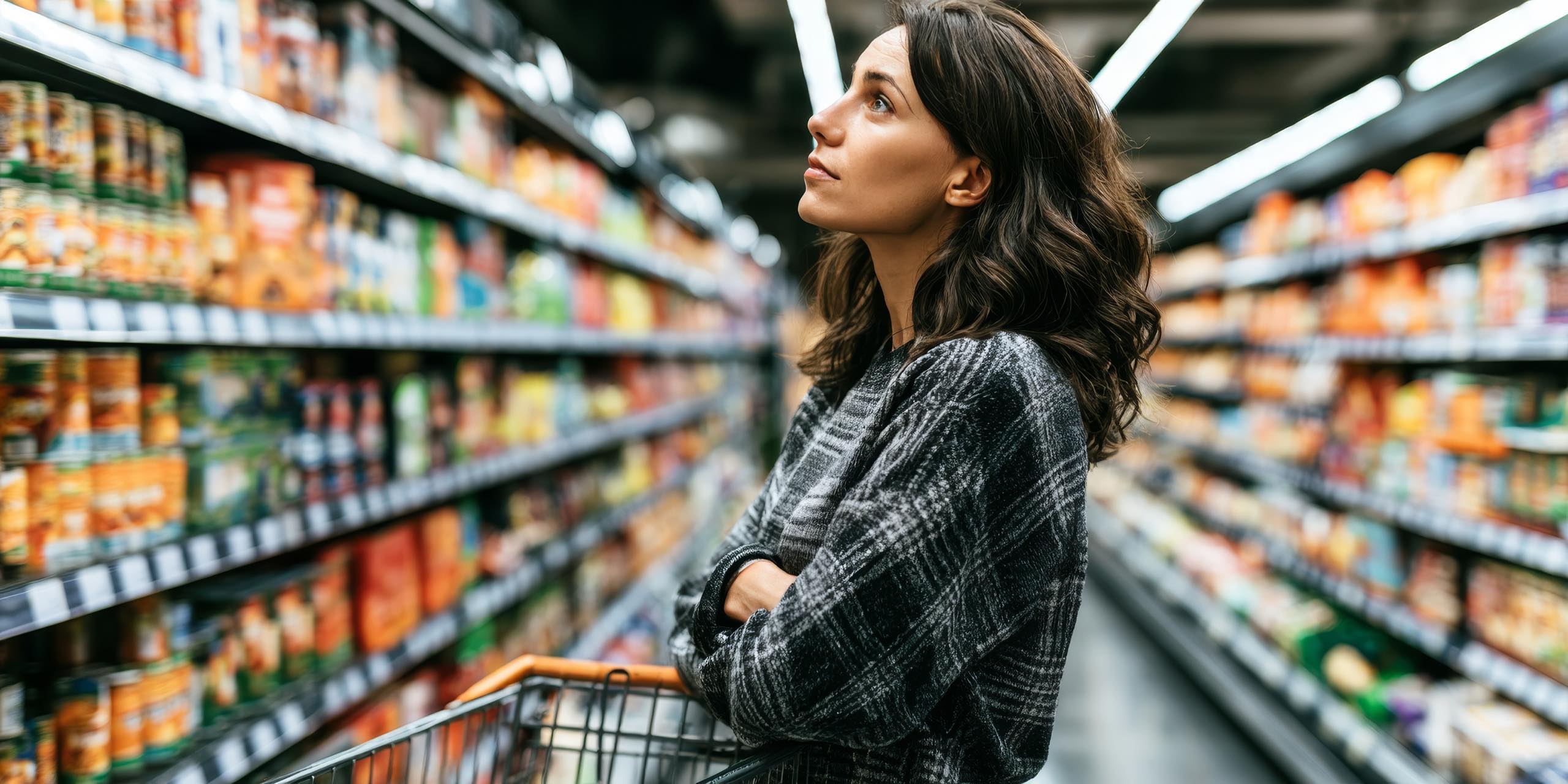 A shopper pausing in a supermarket aisle, looking up at the packaging on the shelves.