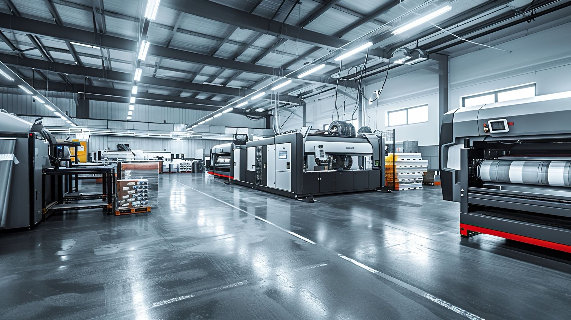 A print hall with presses and pallets of printed stock.