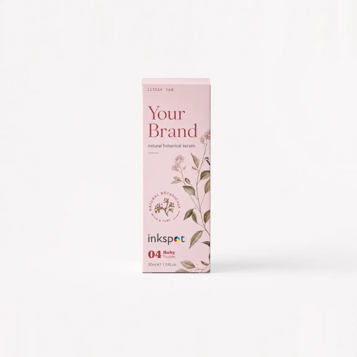 A slim pale pink carton for a natural botanical serum, illustrated with a line drawing.
