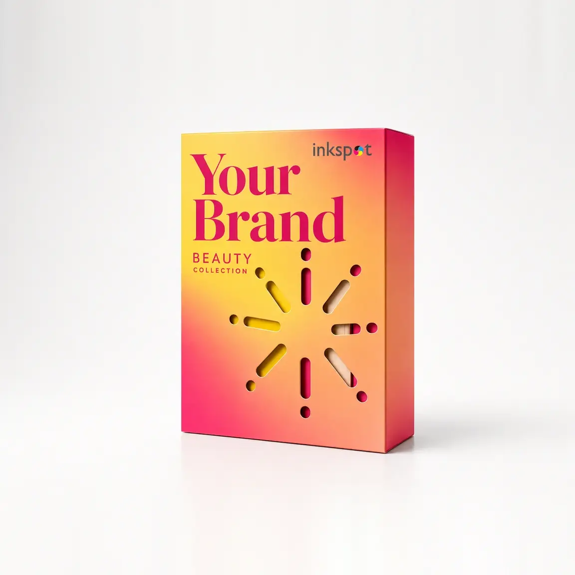 A tall carton for a beauty collection printed in a pink to yellow gradient with debossed detail.