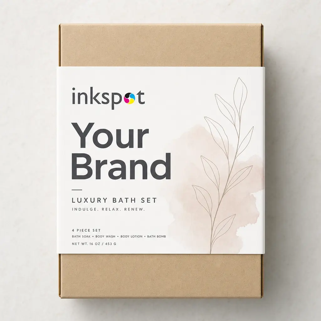 A kraft carton for a bath set held by a printed white belly band.