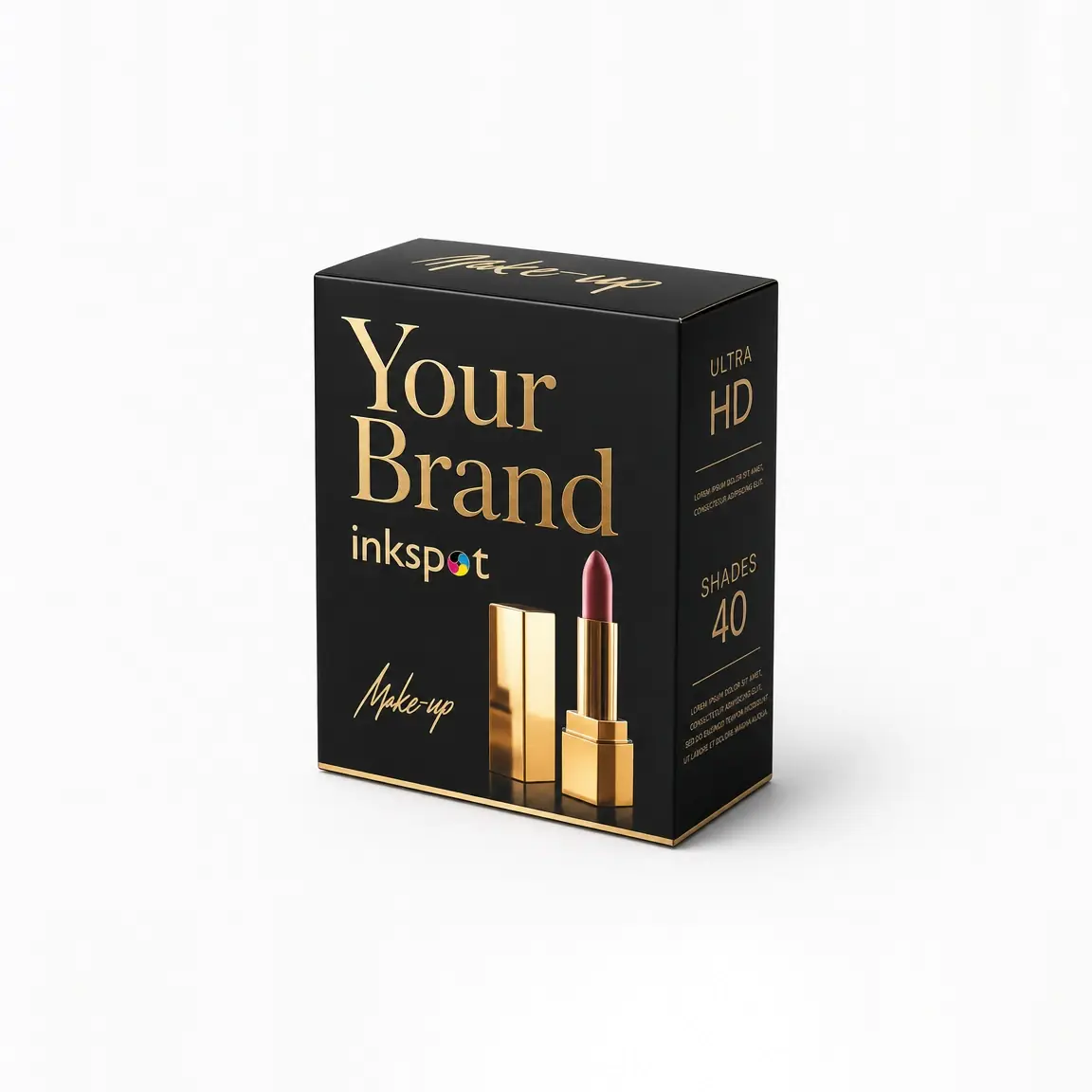 A black lipstick carton printed with gold foil lettering and a foiled lipstick illustration.