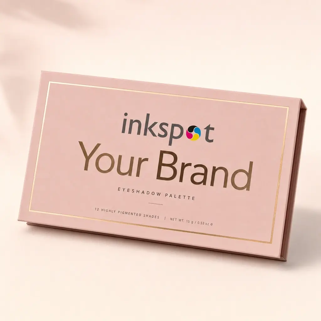 A shallow pink eyeshadow palette carton with gold foil rules and lettering.