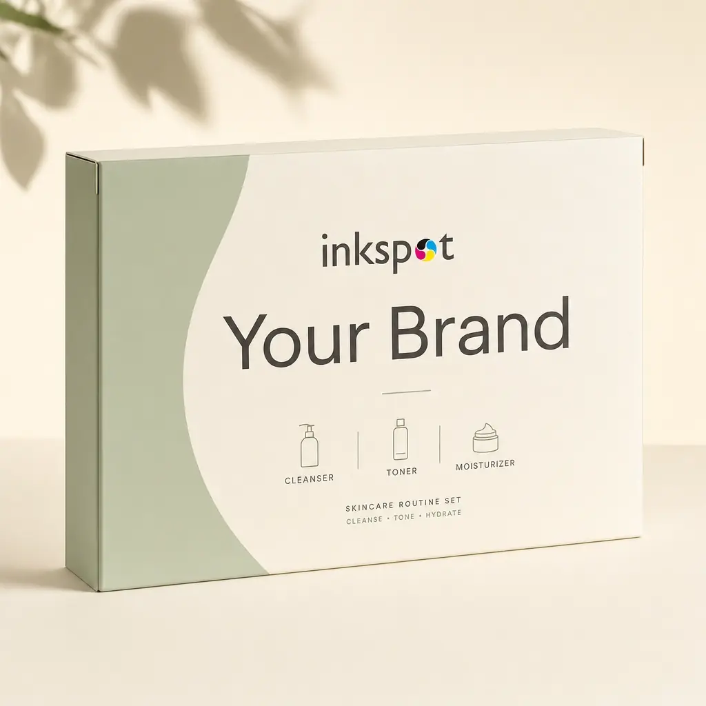 A pale green shoulder box for a three-step skincare routine set, with line icons on the front.