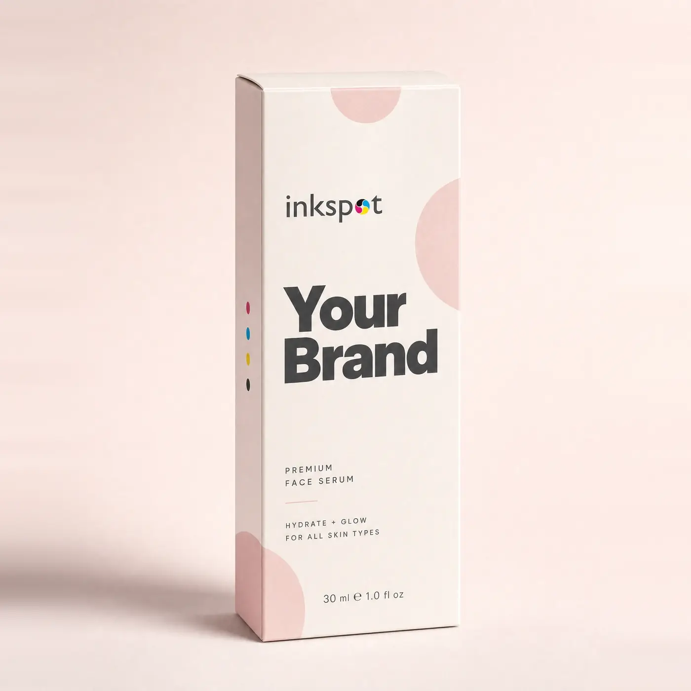A tall pink tuck carton for a face serum, printed with a ranged ink bar down the edge.