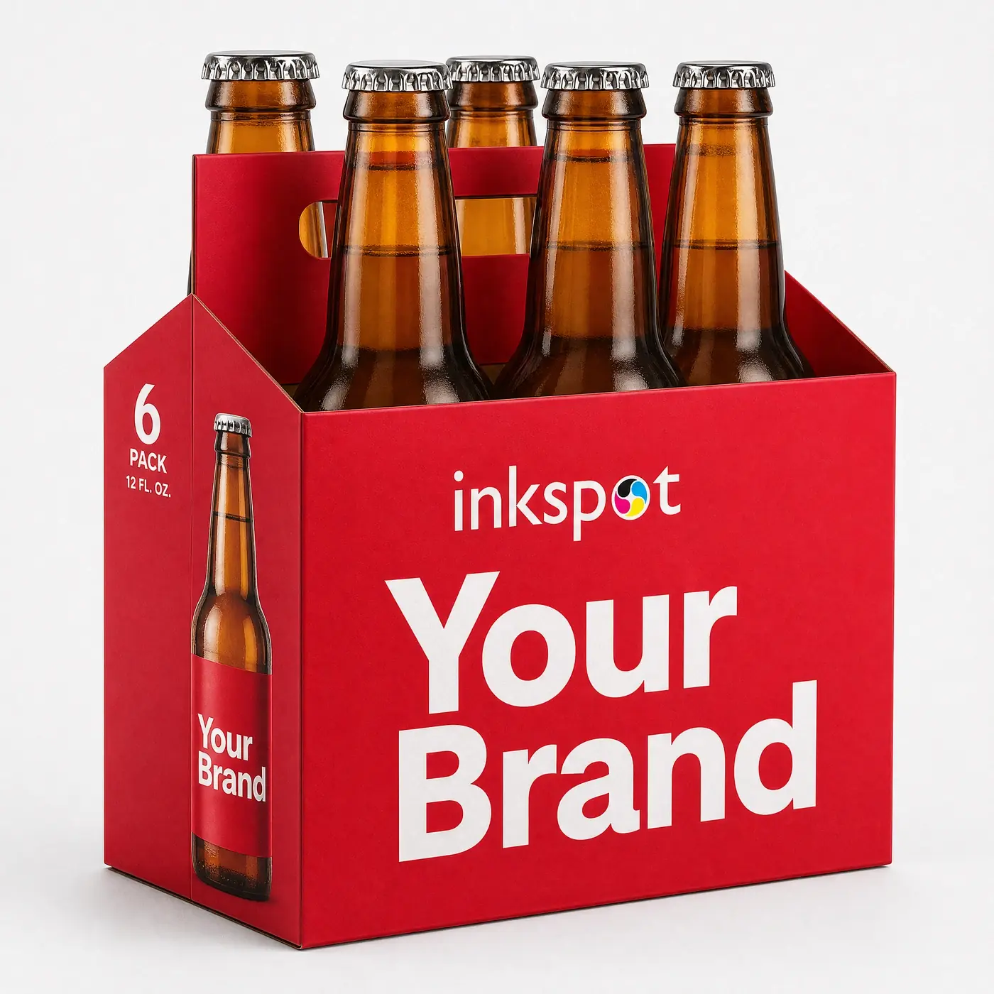 A red printed basket carrier holding six bottles of beer.