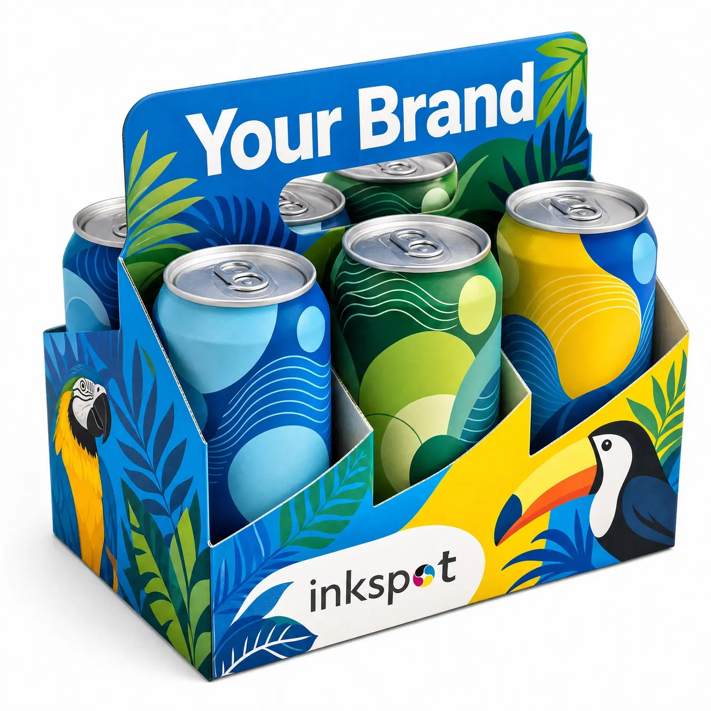 A printed shelf-ready display holding six illustrated soda cans, with a header card.
