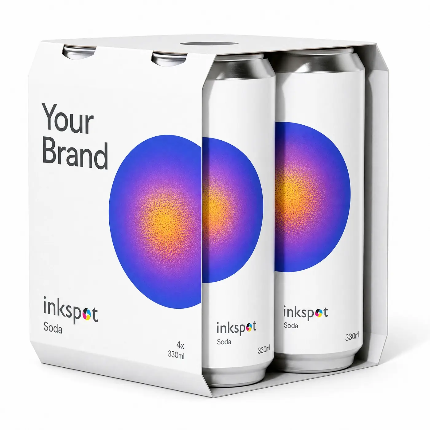A white wraparound sleeve around four soda cans, printed with a single graduated disc.