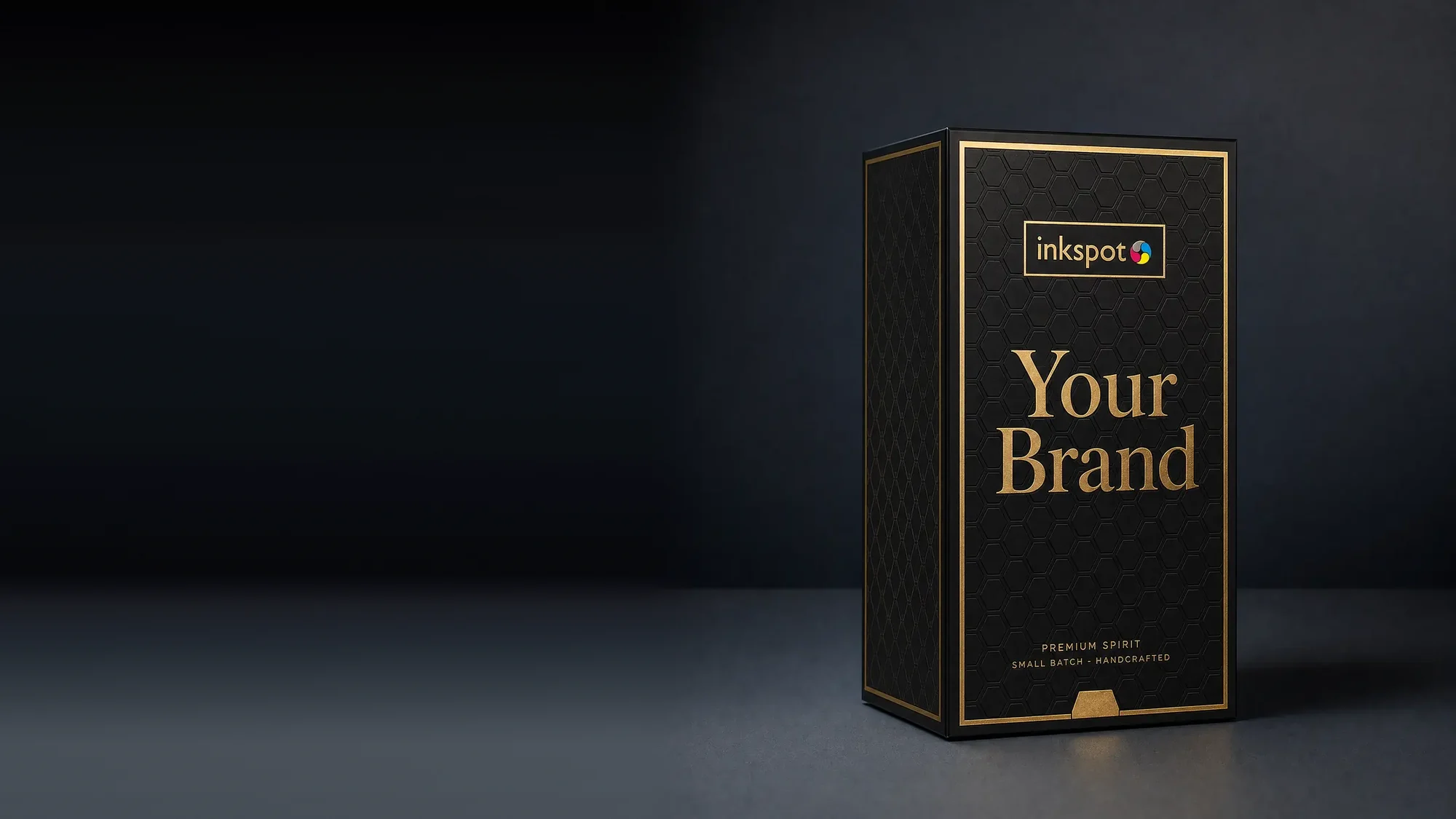A black embossed carton for a small batch premium spirit, printed with gold foil rules and lettering.