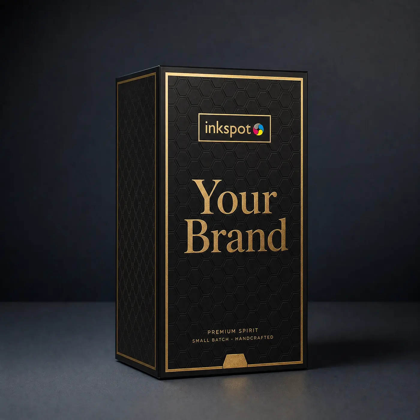 A black embossed carton for a small batch premium spirit, printed with gold foil rules and lettering.