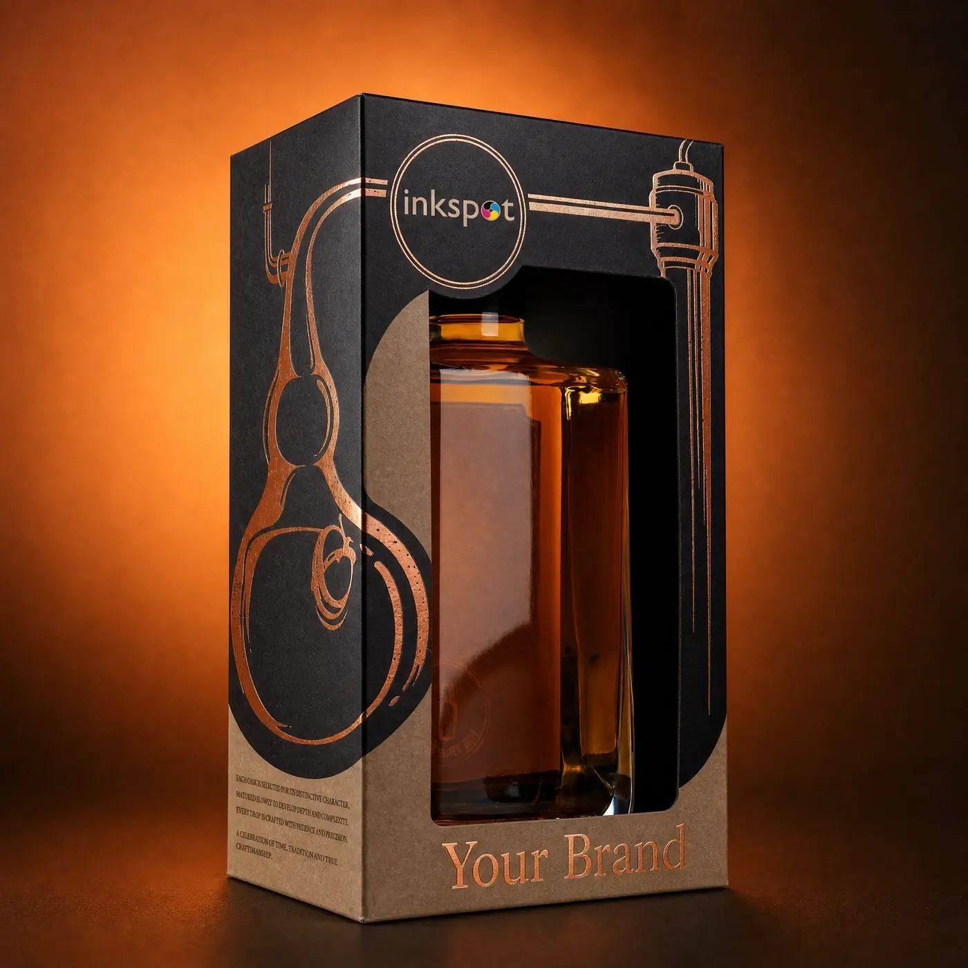 A dark spirit gift carton with a die-cut window showing the bottle, printed with a copper still illustration.