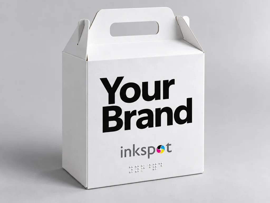 A white carry box with a handle and braille below the logo.