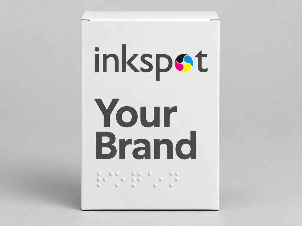 A white folding carton with a line of braille embossed below the brand name.