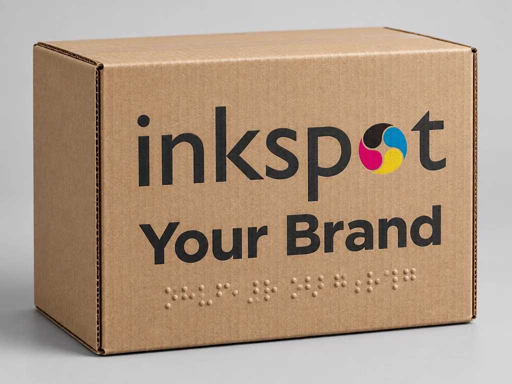 A kraft carton with braille embossed beneath the printed brand name.