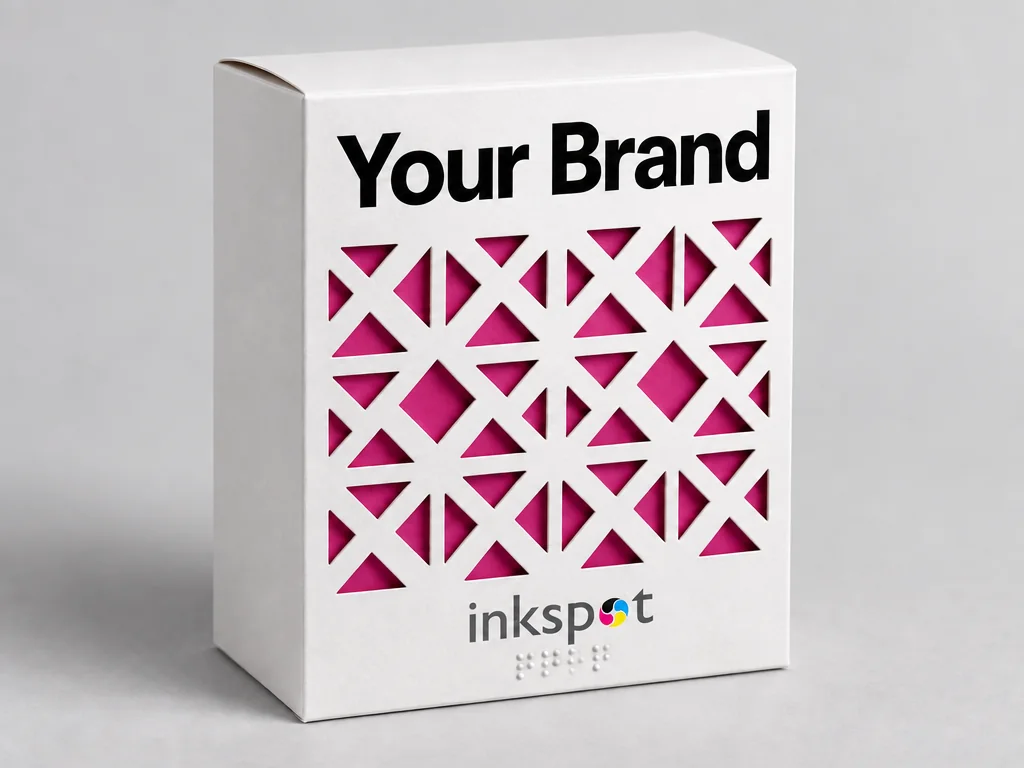 A white carton with a die-cut lattice window over magenta, and braille under the logo.