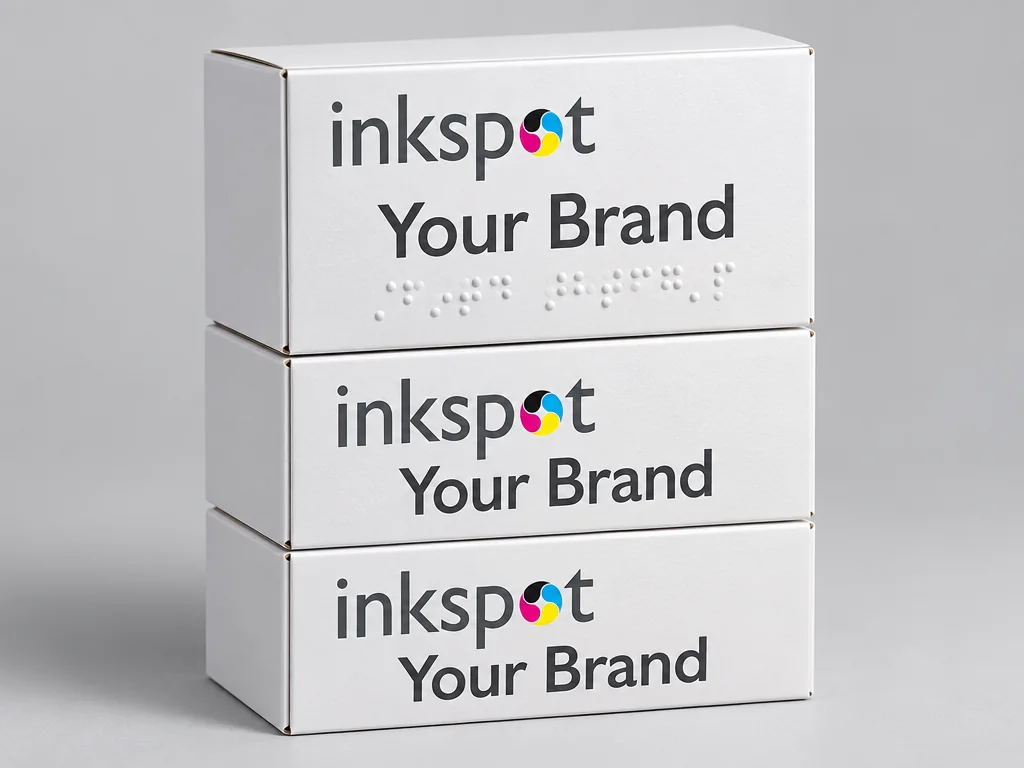 Three white cartons stacked, each with braille below the brand name.