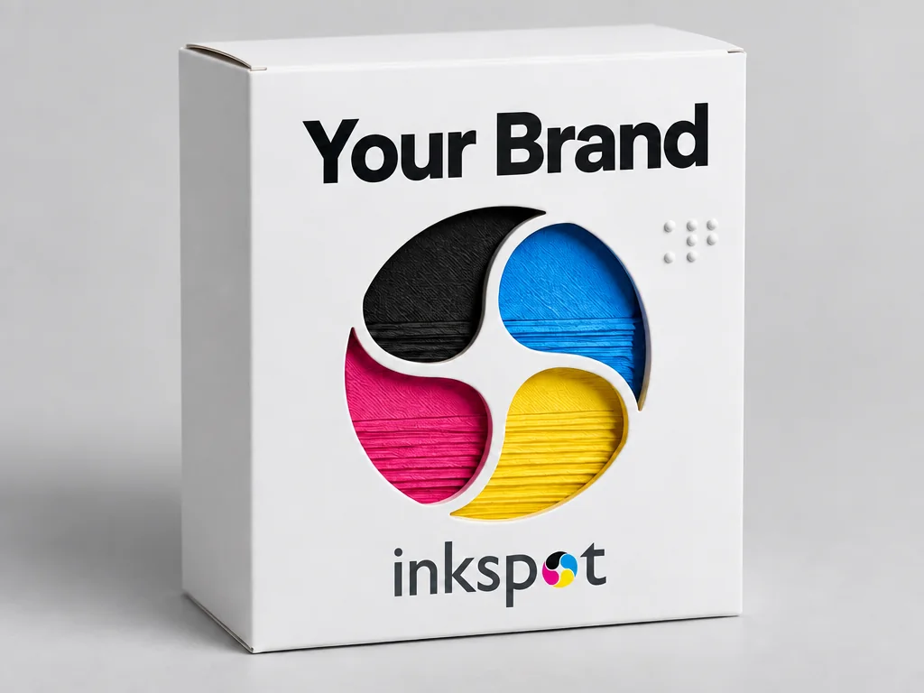 A white carton with a shaped window showing CMYK printed board, and braille on the side panel.