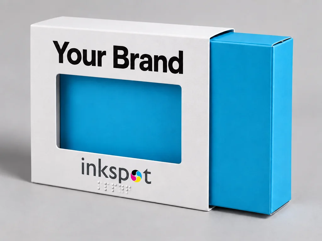 A white sleeve with a window over a blue tray, and braille under the logo.