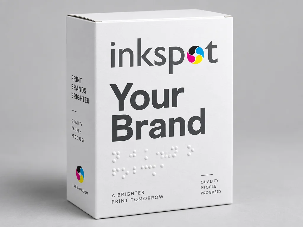 A tall white carton with two lines of braille below the brand name.