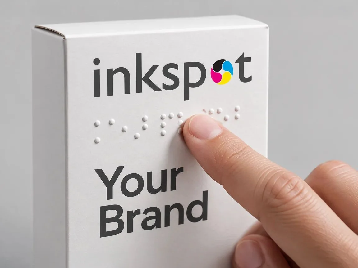 A fingertip reading braille embossed on a white carton.