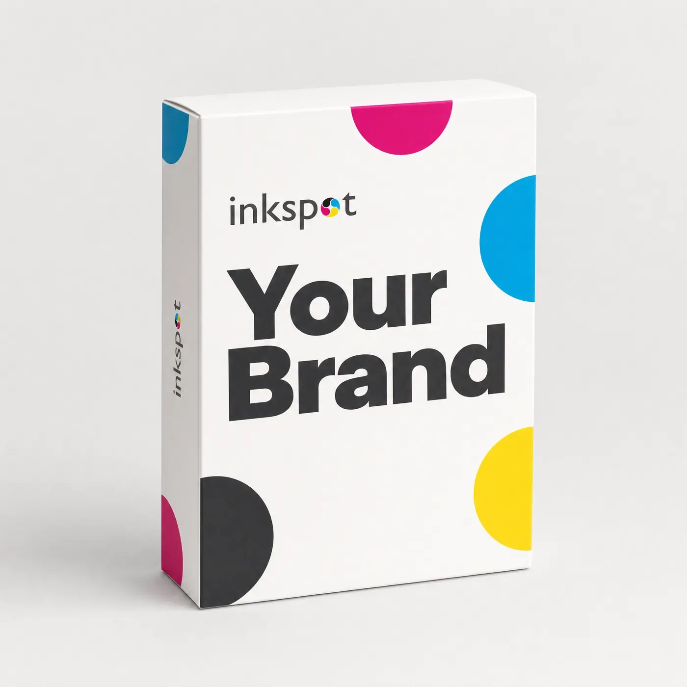 A white straight tuck carton printed with bold black type and process colour discs.