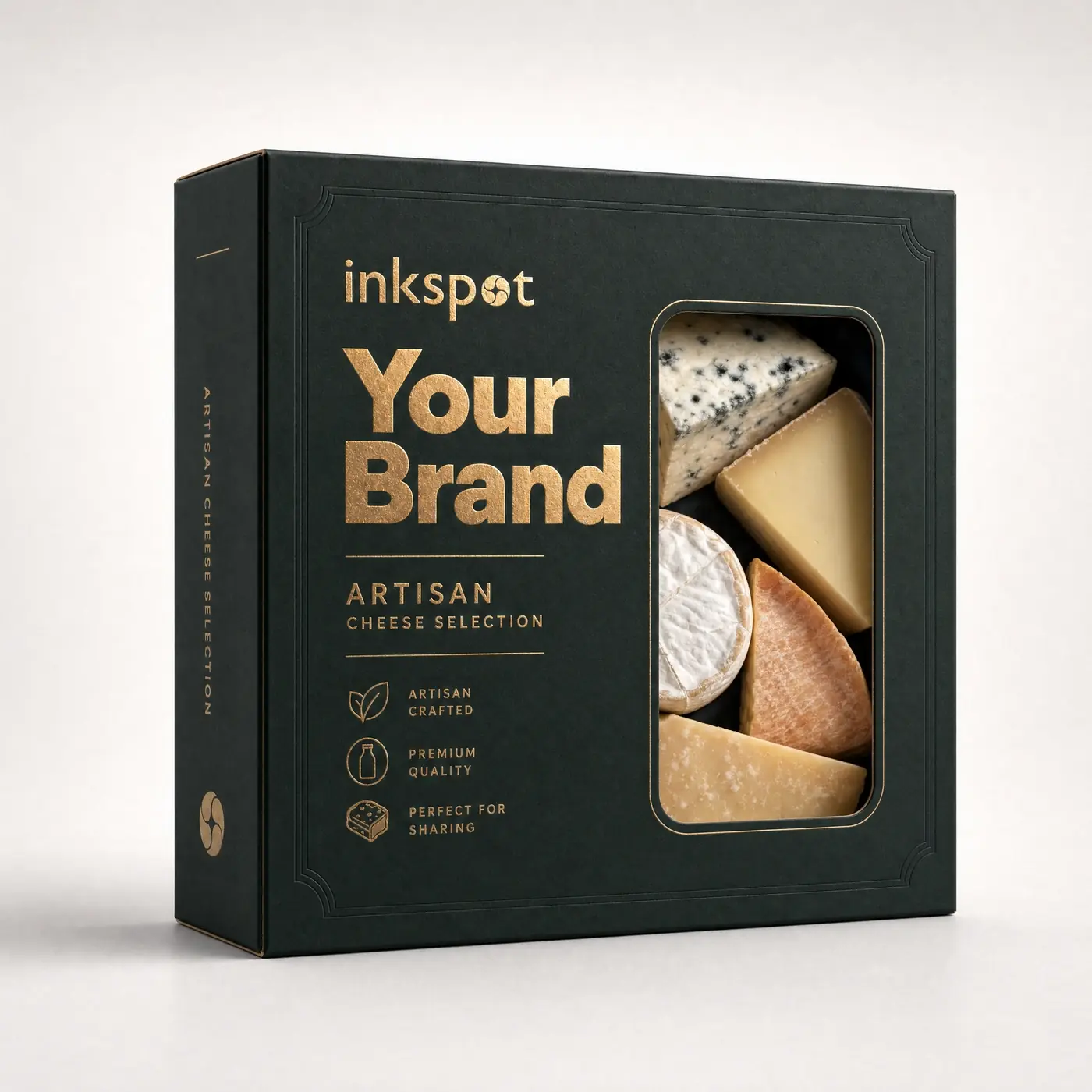 A dark green gift carton for an artisan cheese selection, gold foiled with a patched window.