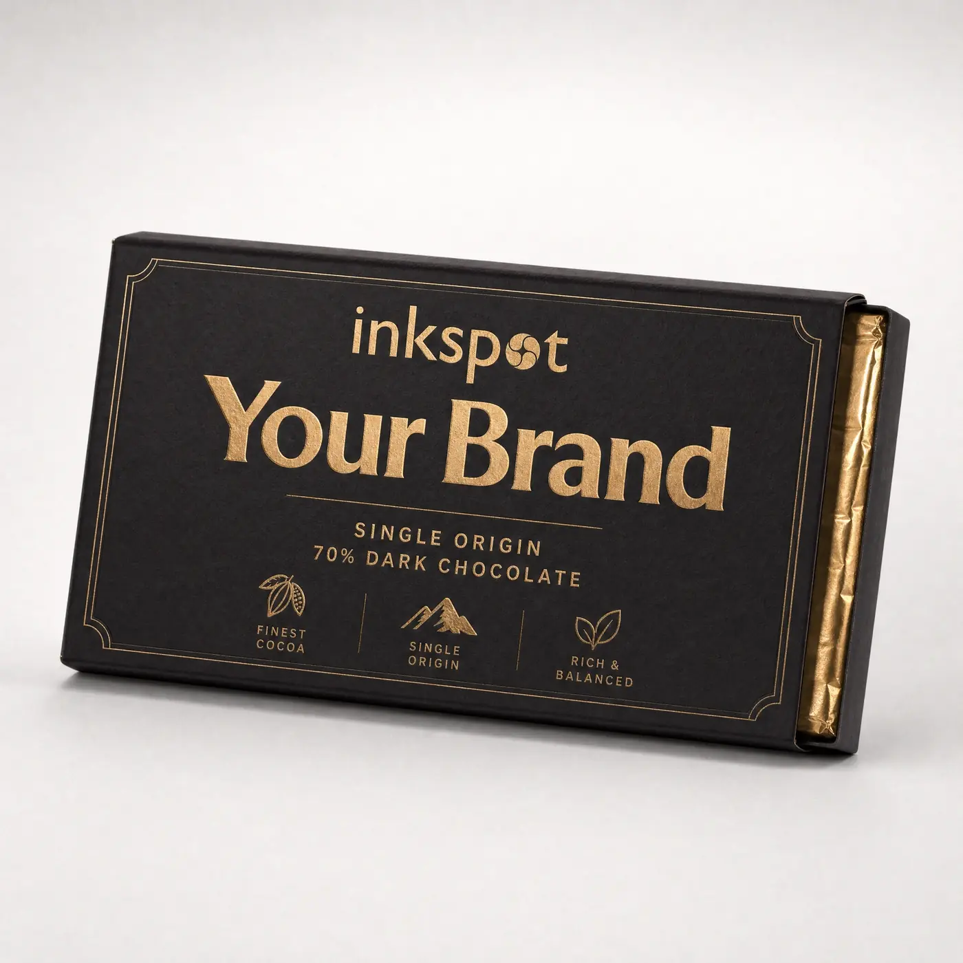 A black and gold printed wrapper around a single origin dark chocolate bar.