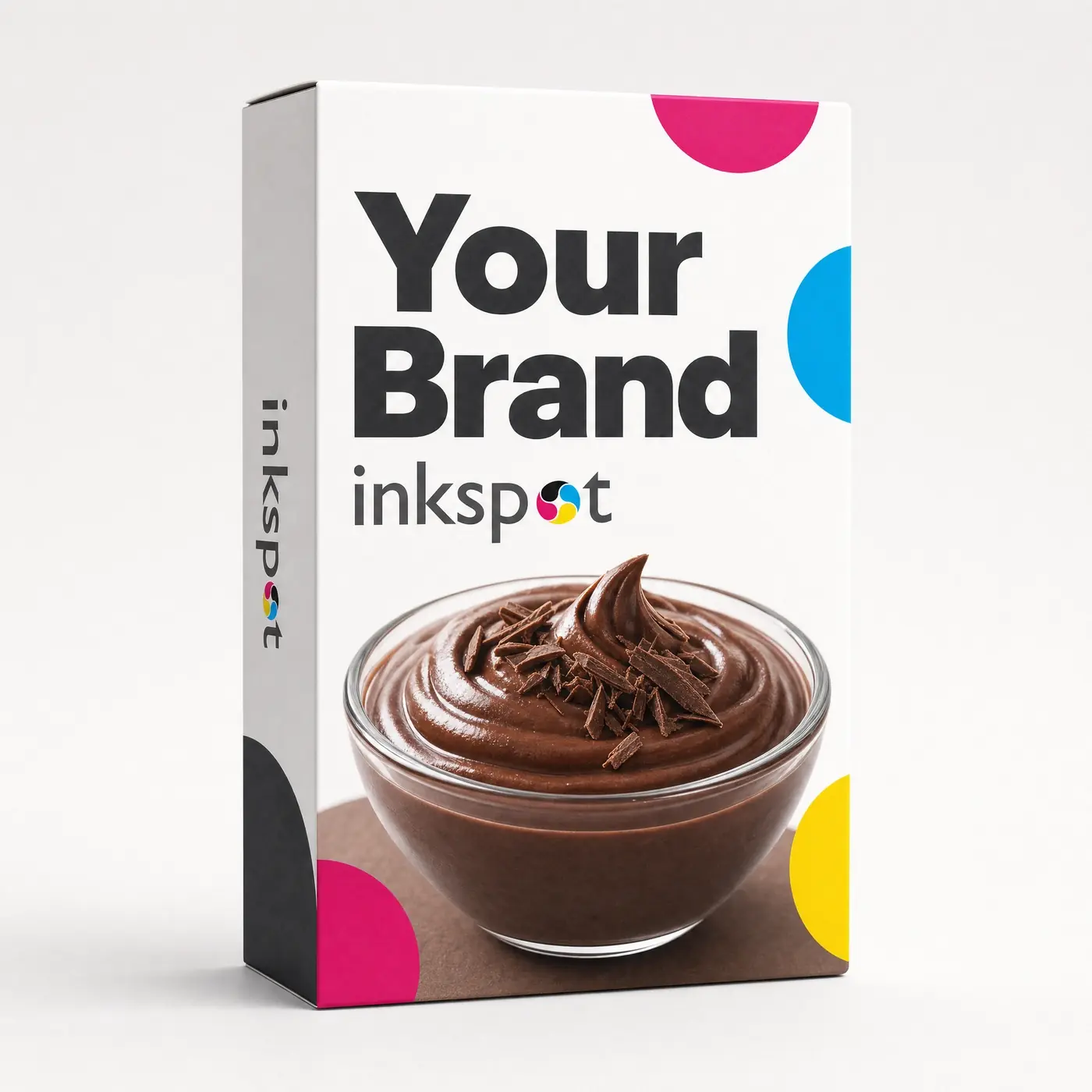 A folding carton with a bowl of chocolate dessert photographed on the front panel.