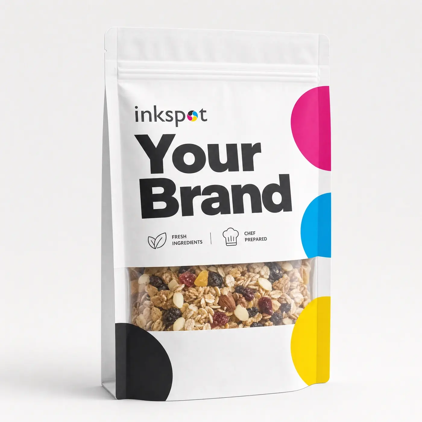 A stand-up granola pouch with a clear window showing the contents.