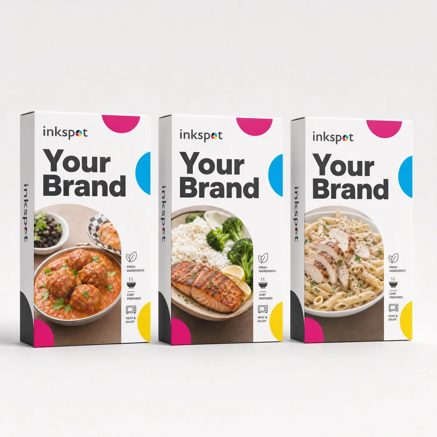 Three ready-meal cartons from one range standing side by side, each with a different dish photographed on the front.