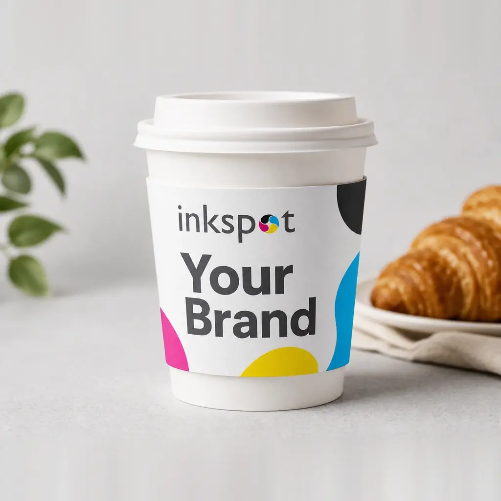 A paper coffee cup with a printed sleeve, beside a croissant.