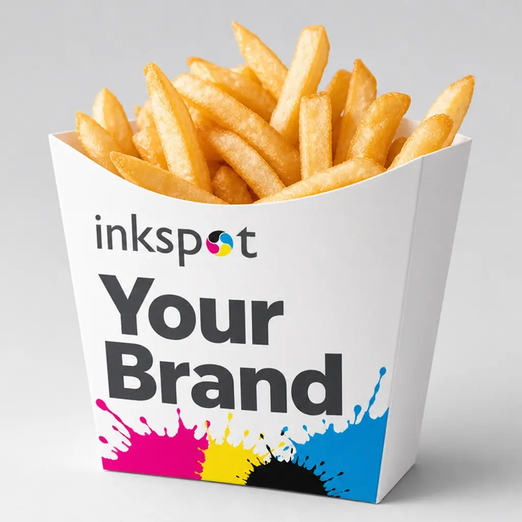 A printed scoop carton filled with chips.