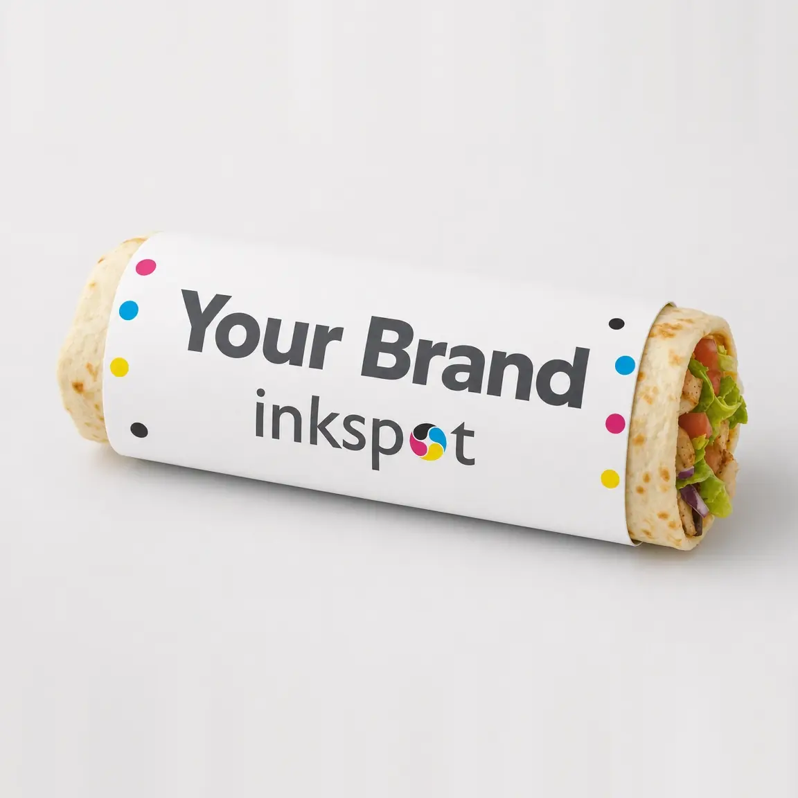 A filled wrap held closed by a printed paper band.