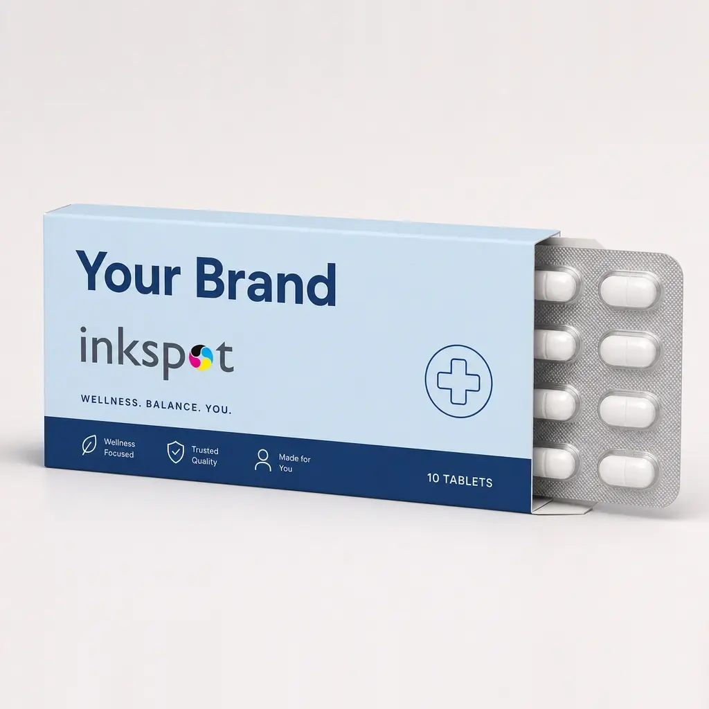 A slim wallet carton for ten tablets, shown open with the blister strip drawn out.