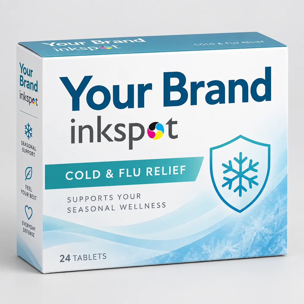 A white and blue folding carton of cold and flu relief tablets with a snowflake shield.