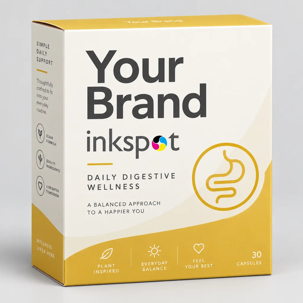A cream and yellow folding carton of daily digestive wellness capsules.