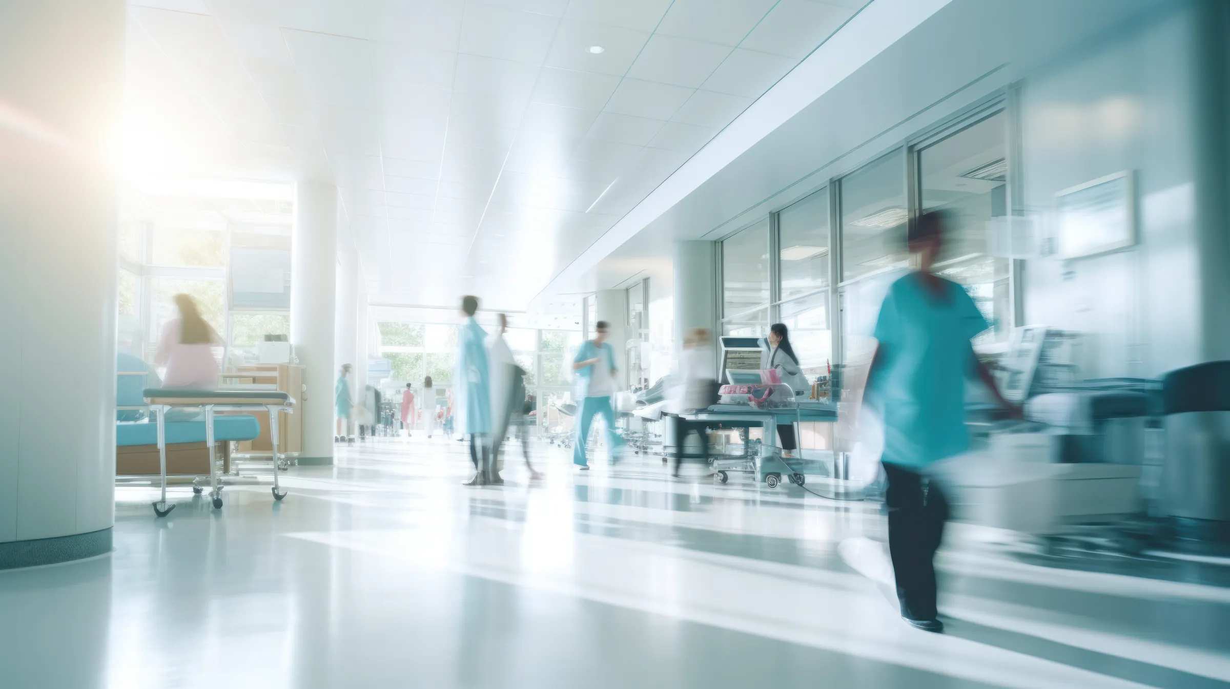 A bright hospital corridor with staff moving between wards, motion blurred.