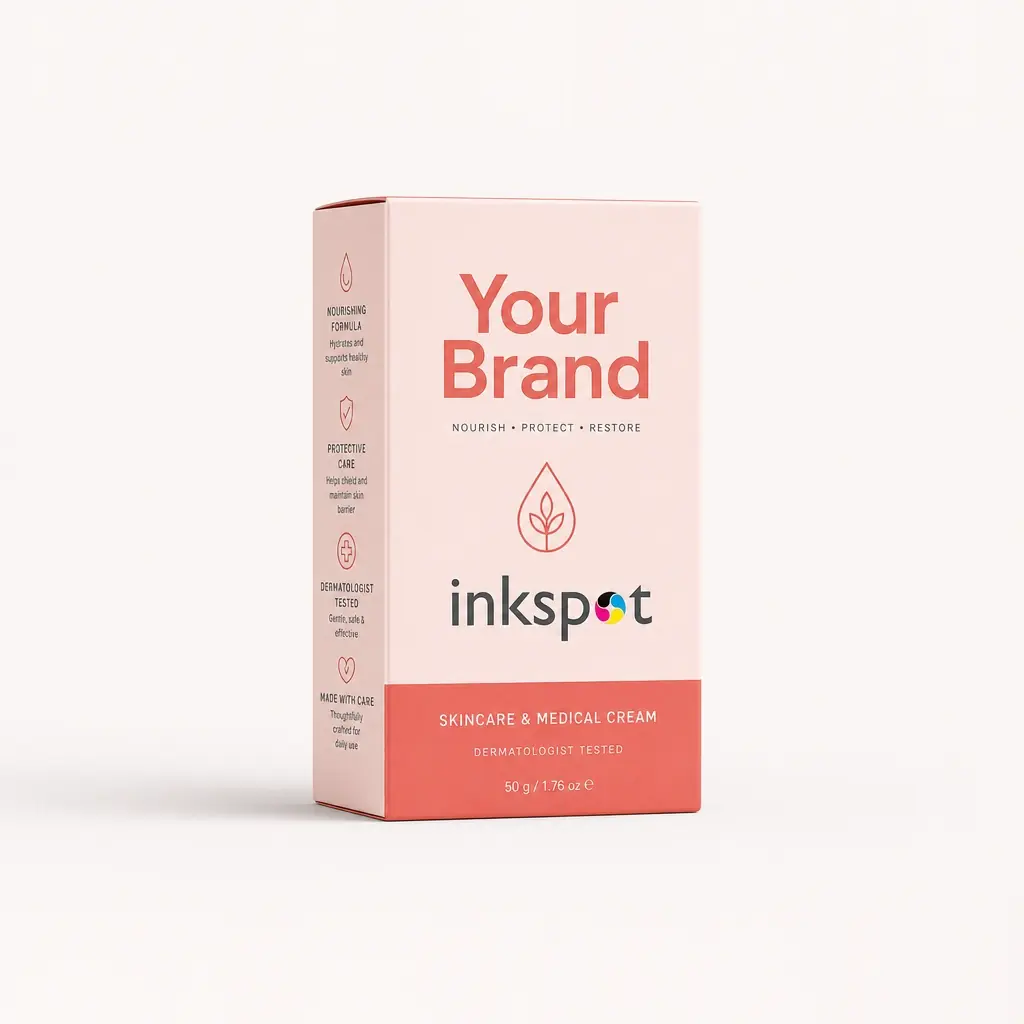 A tall pink folding carton for a dermatologist-tested skincare and medical cream.