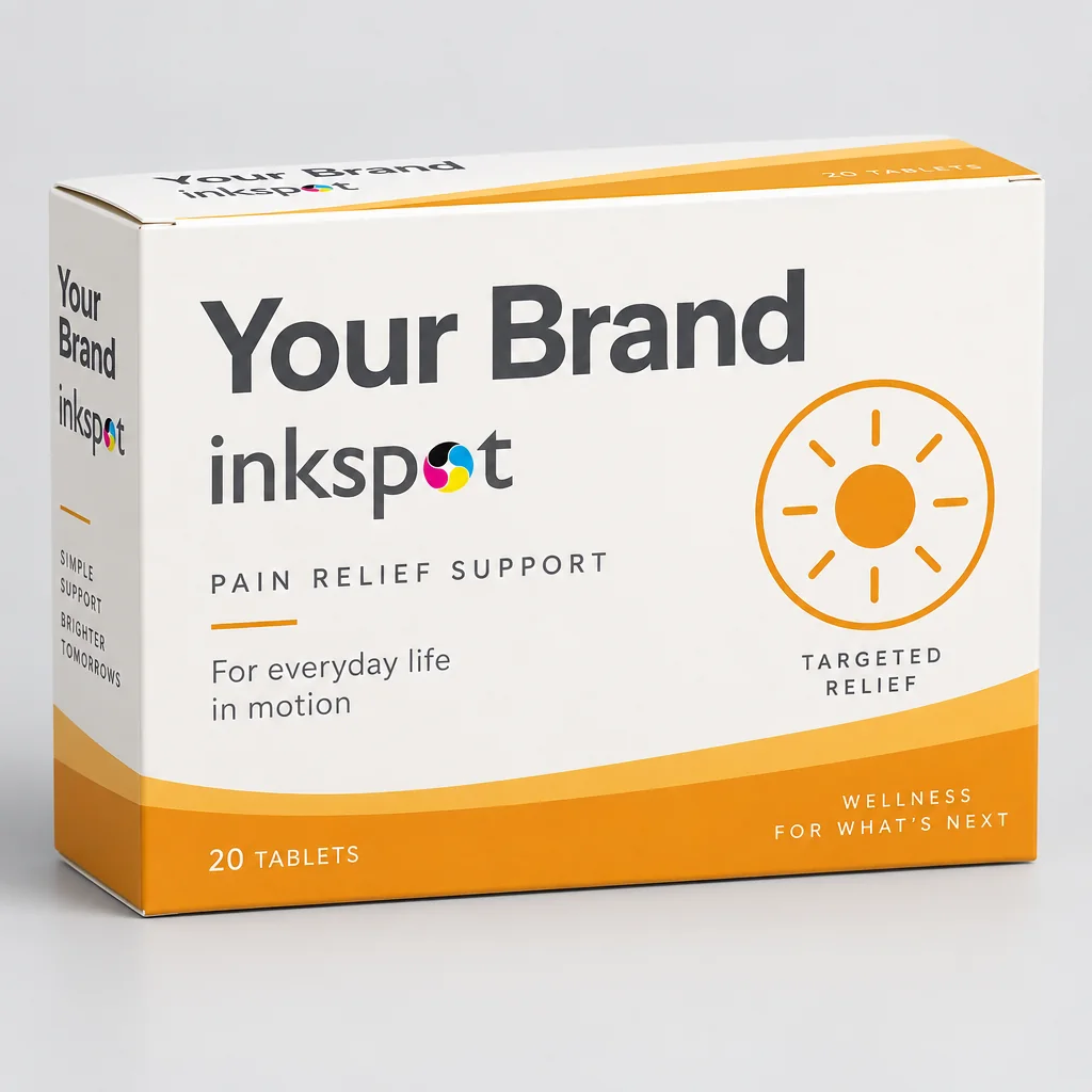 A white and orange folding carton of pain relief tablets with a sun graphic.