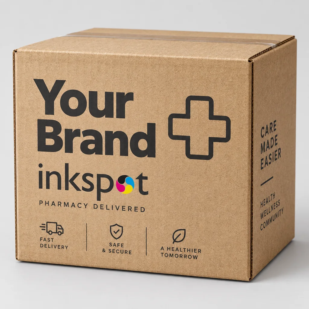 A kraft corrugated shipper printed for pharmacy delivery with a cross symbol.