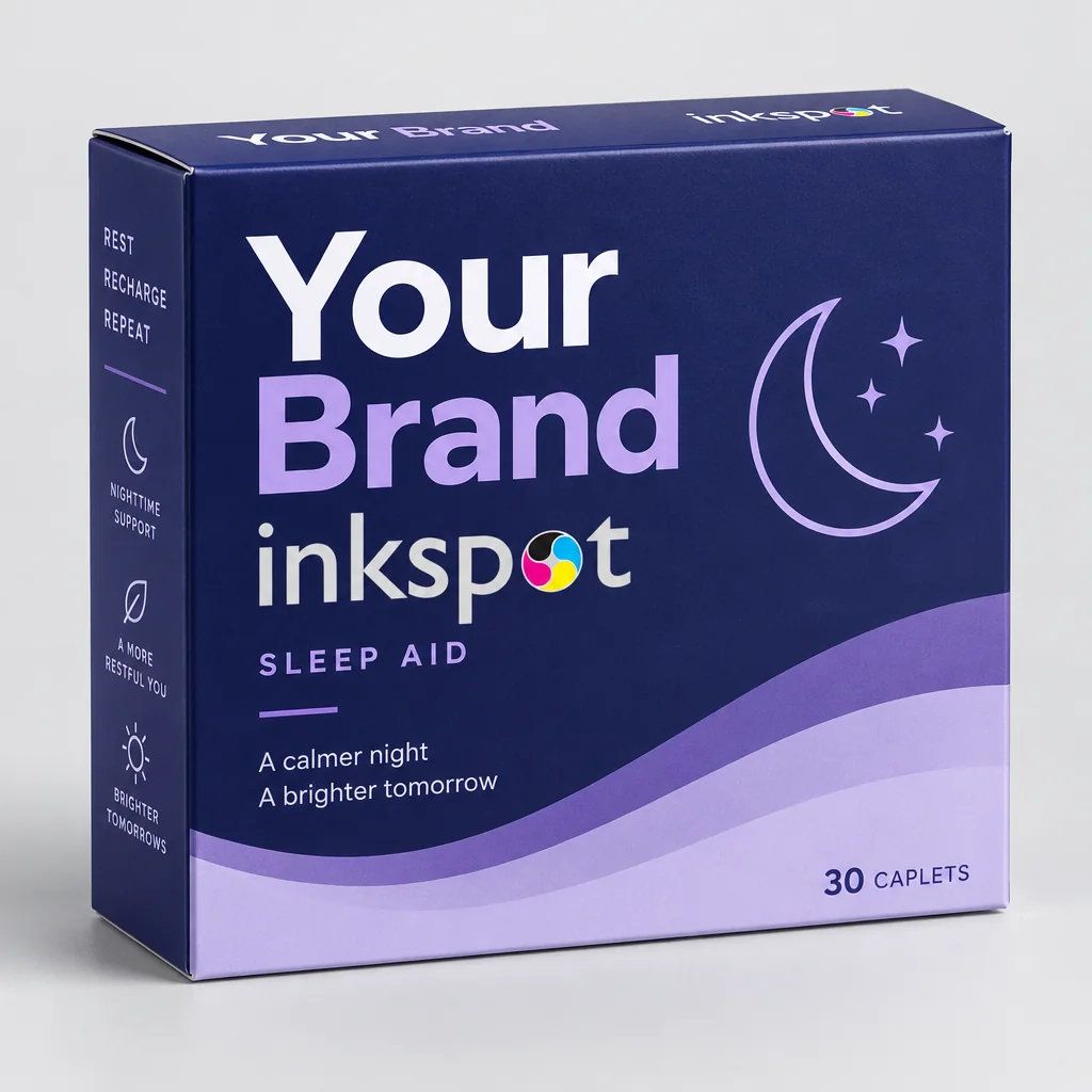 A navy and lilac folding carton of sleep aid caplets with a crescent moon.