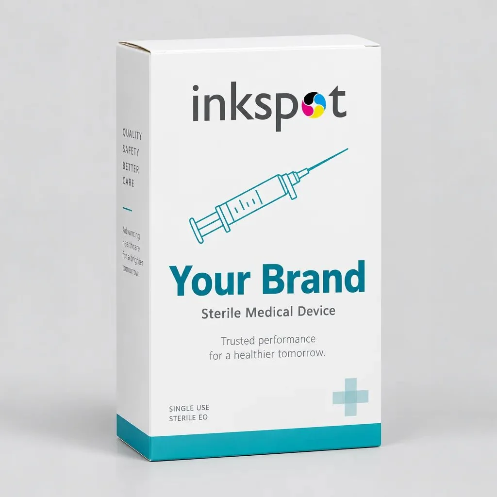 A white folding carton for a single-use sterile device, printed in teal.