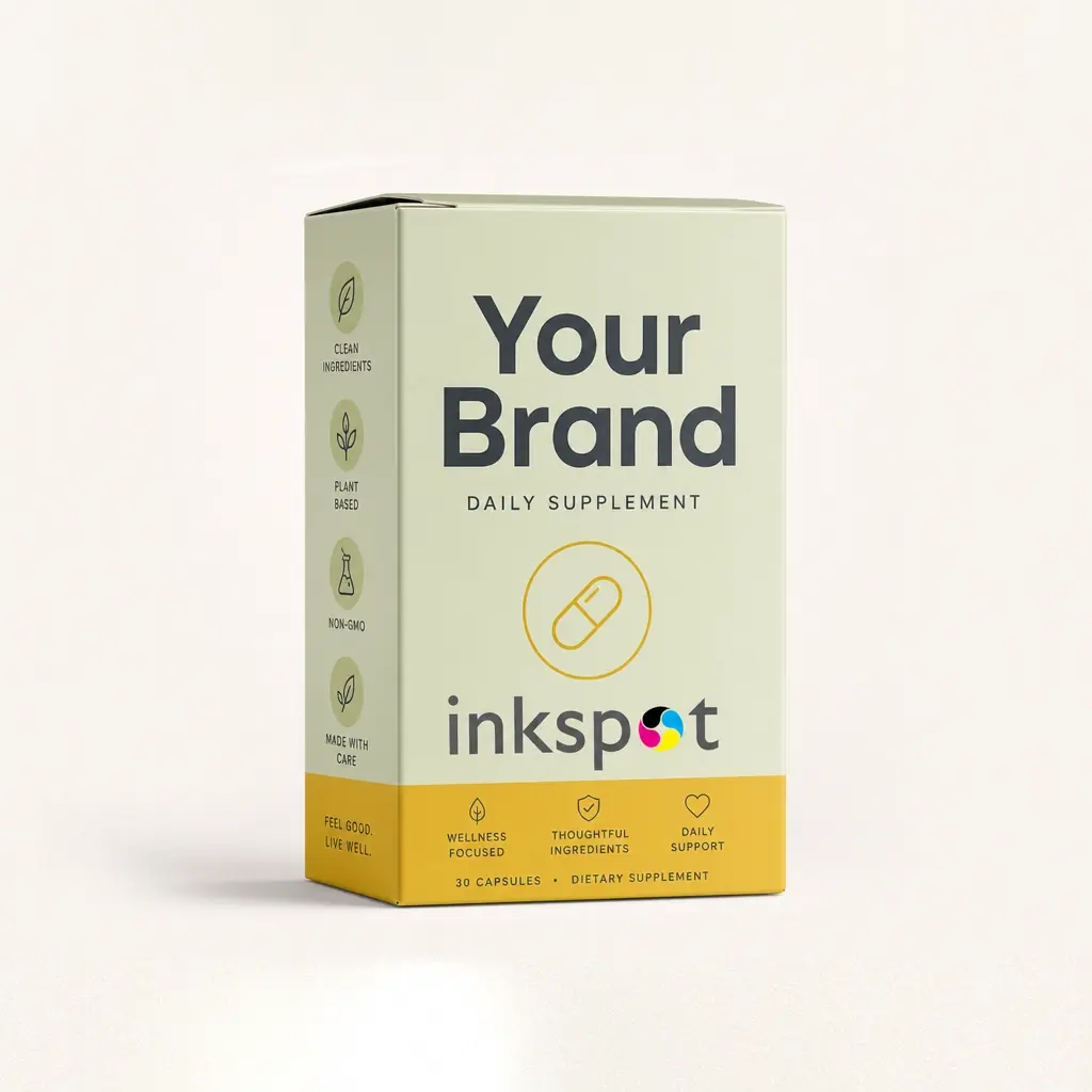 A green and yellow folding carton for a sixty capsule daily supplement.