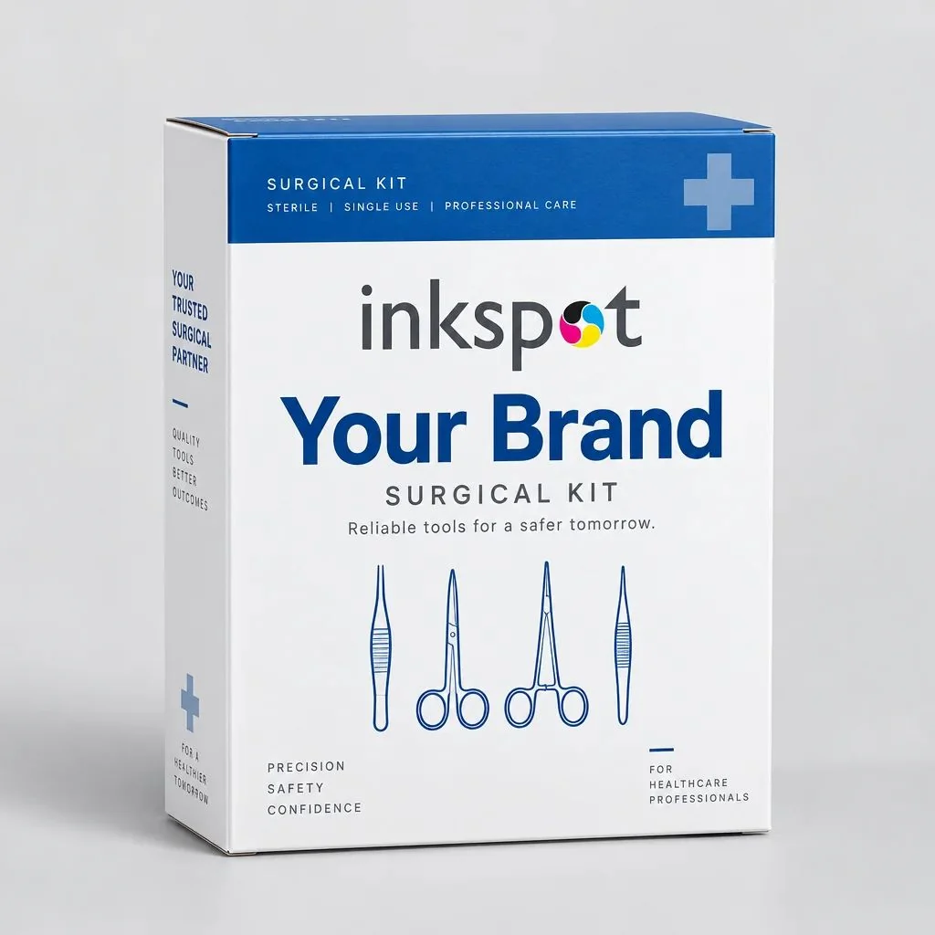 A white and blue folding carton for a surgical kit, with instrument line drawings.