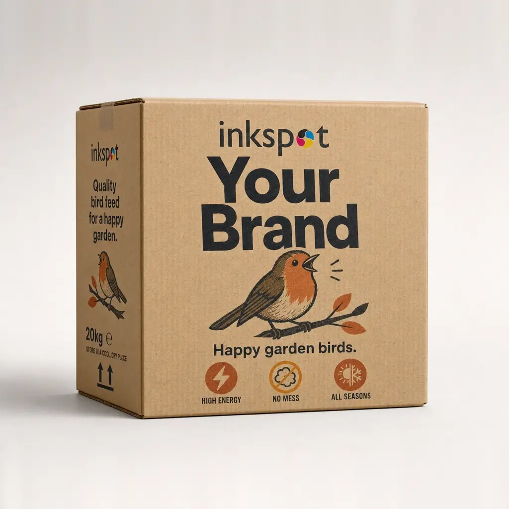 A kraft cube carton of bird feed printed in one colour with a robin illustration.