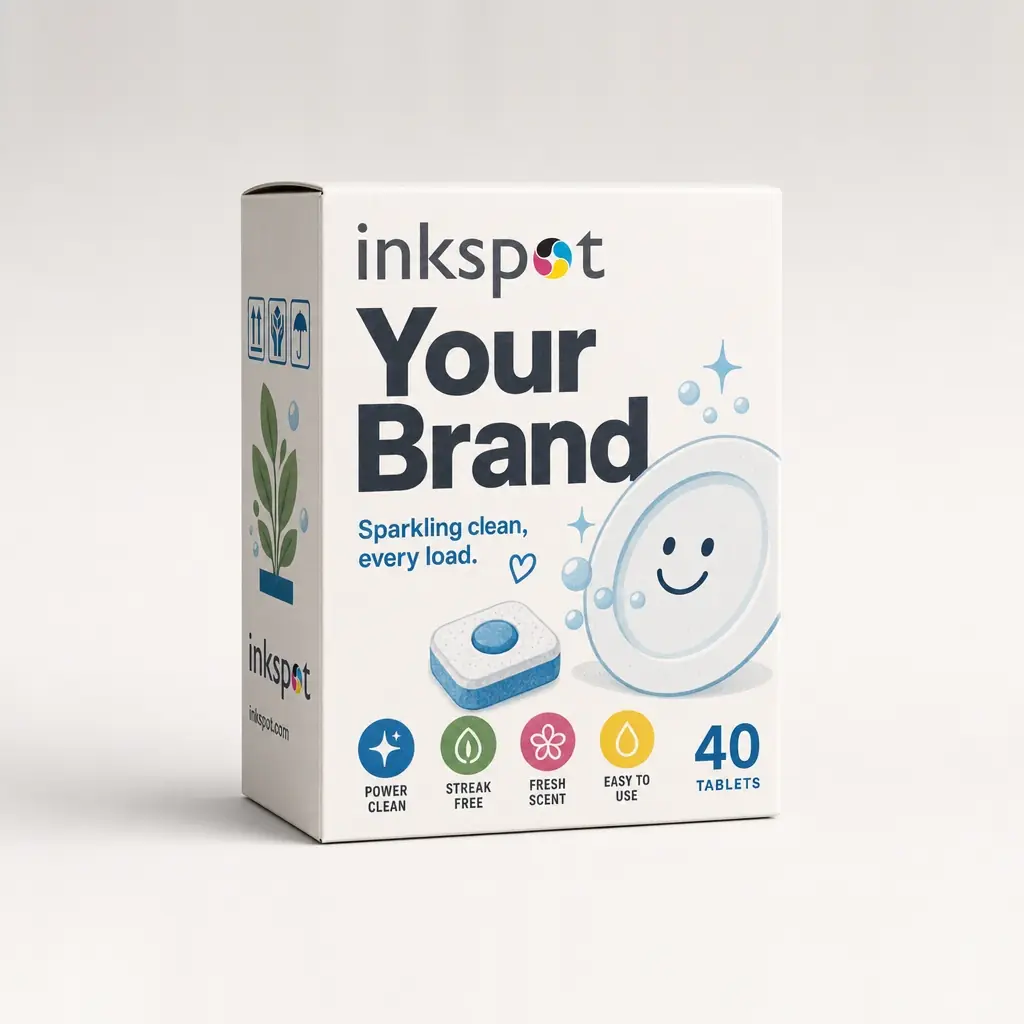 A white folding carton of forty dishwasher tablets, illustrated with a tablet and bubbles.