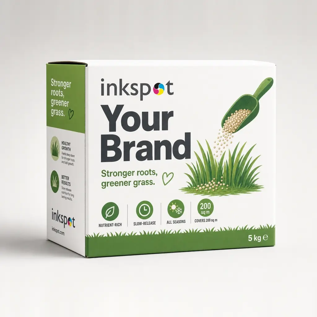 A green folding carton of lawn feed granules with a scoop illustration.