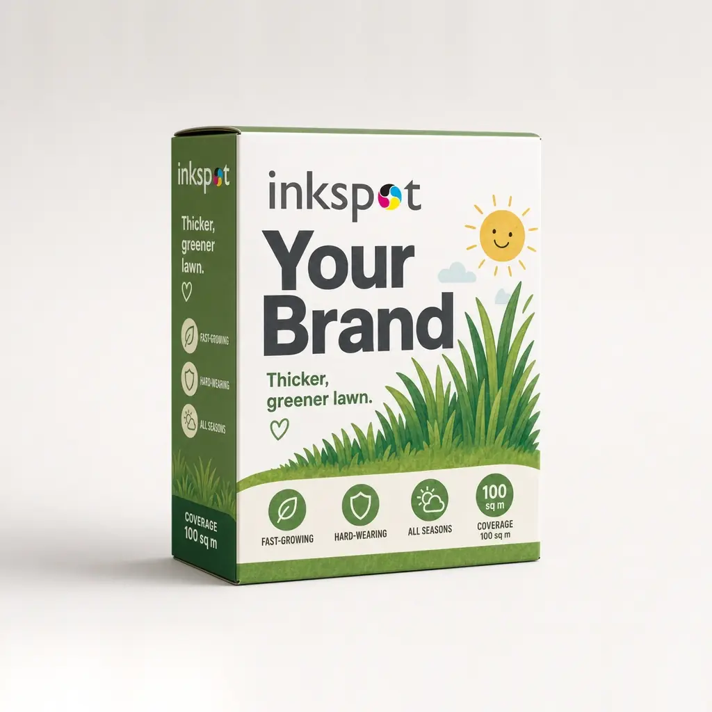 A green folding carton of lawn seed illustrated with grass and sunshine.
